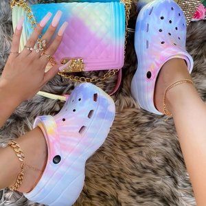 NEW🔥 Pastel Tie Dye Classic Platform Clogs Sandals Wedge Heel Slingback Slip-On